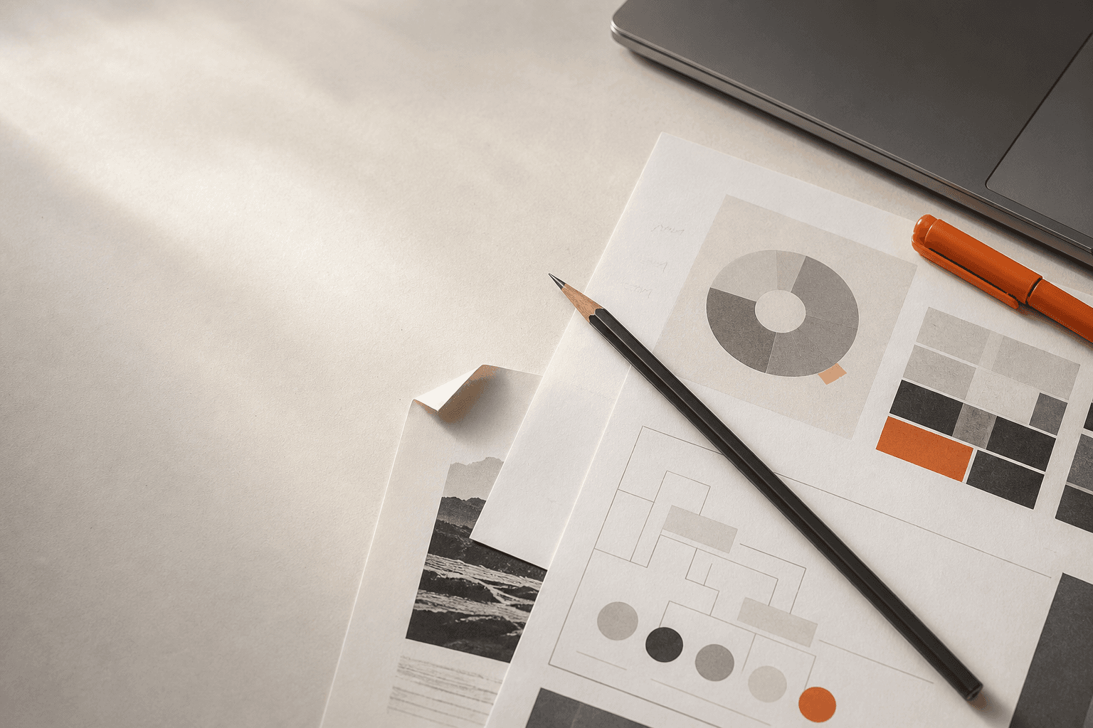 A strategist’s planning sheets, pencil and marker on a warm paper desk.